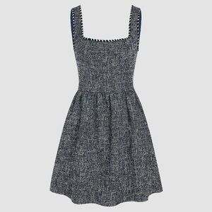 CIDER 🍎 Tweed Embroidered Trim Boatneck Dress + Pockets Navy Mini Dress Size 8 L